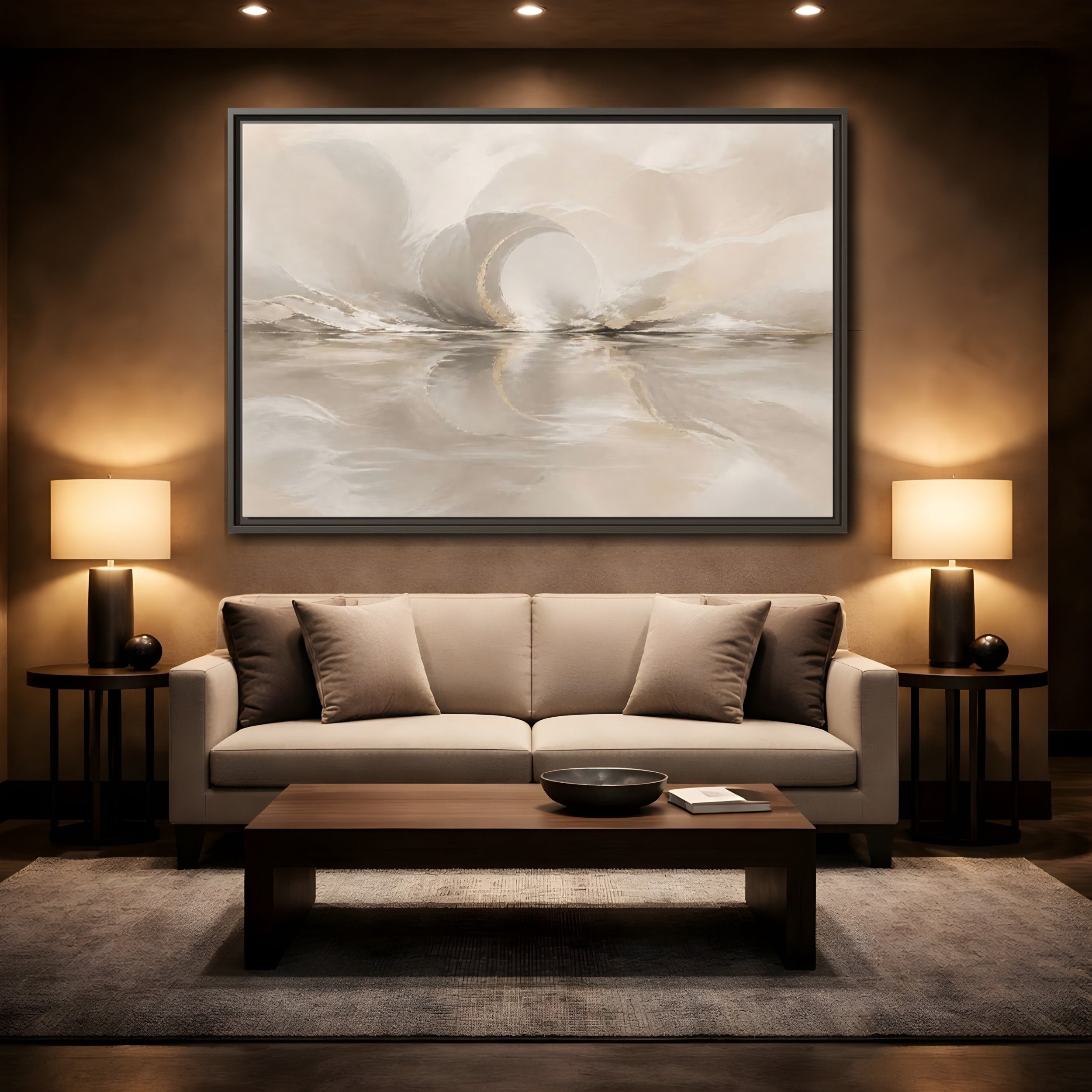 Mockup 2. Abstract Abstract Shapes Beige Gold Abstract shown as stretched canvas wall art