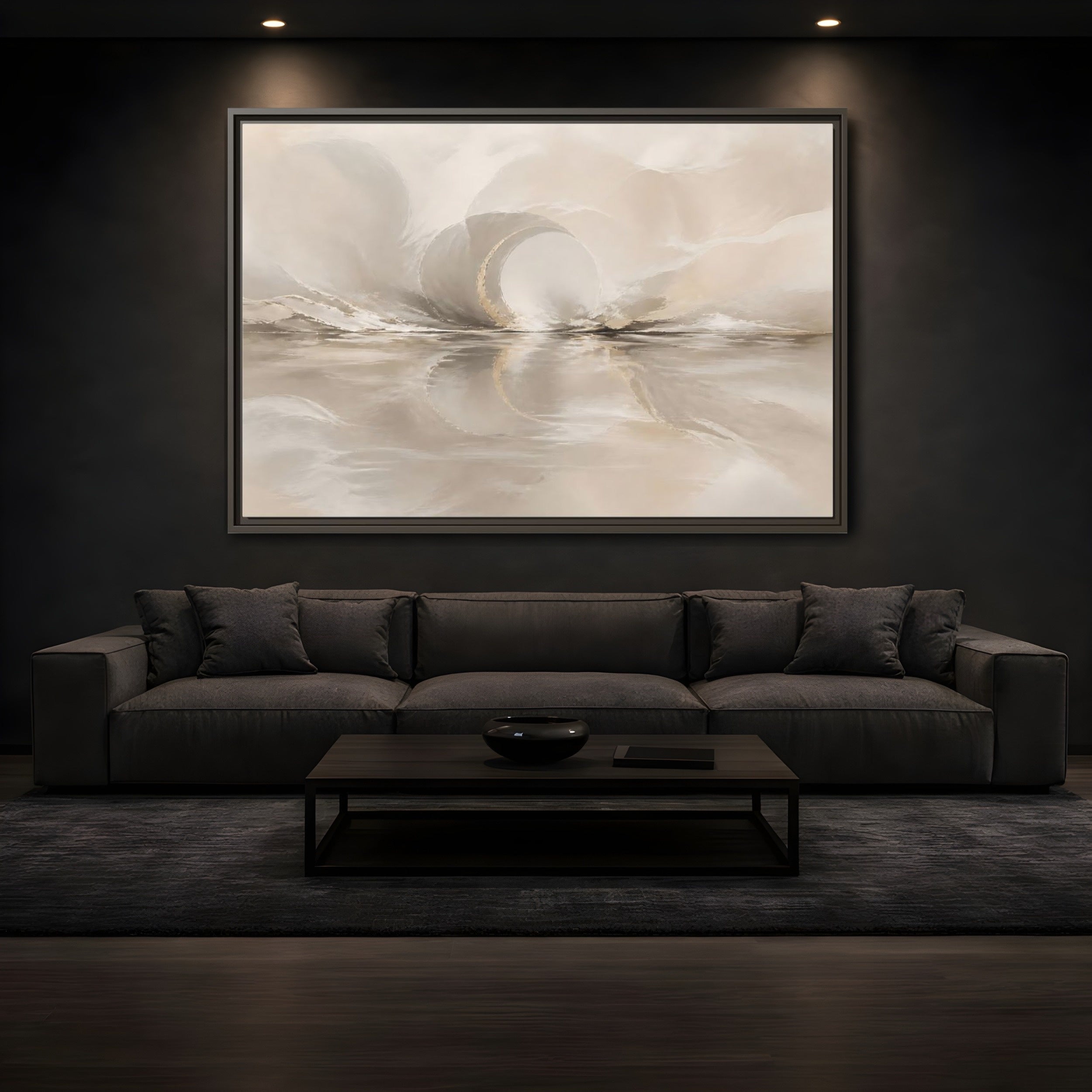Mockup 3. Abstract Abstract Shapes Beige Gold Abstract shown as stretched canvas wall art
