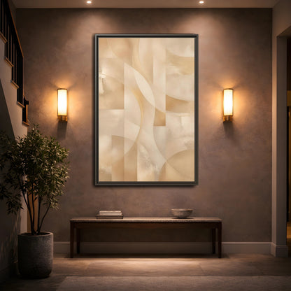 Gold beige abstract curves floating-frame canvas wall art shown in room setting