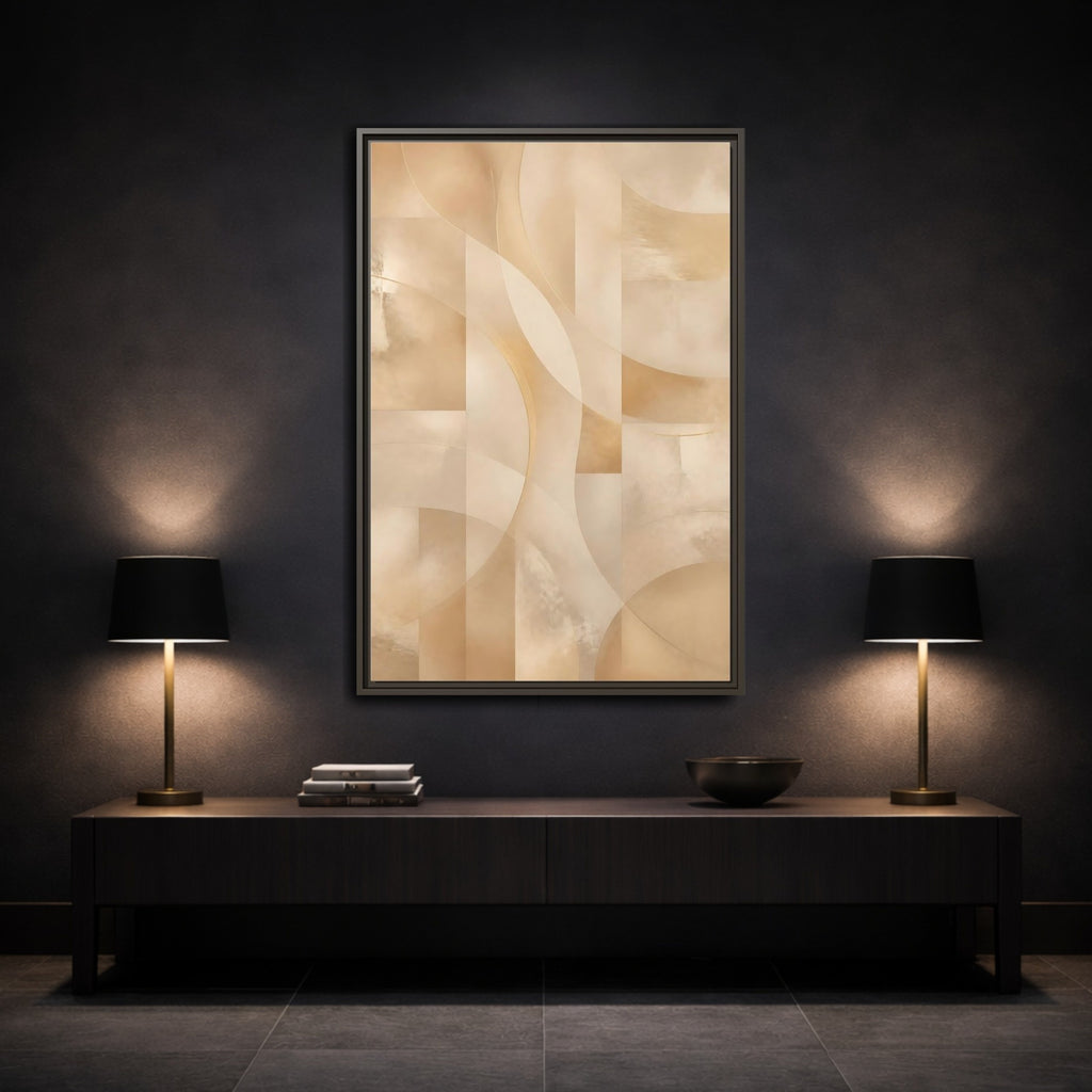 Mockup 3. Abstract Abstract Shapes Gold And Beige shown as stretched canvas wall art