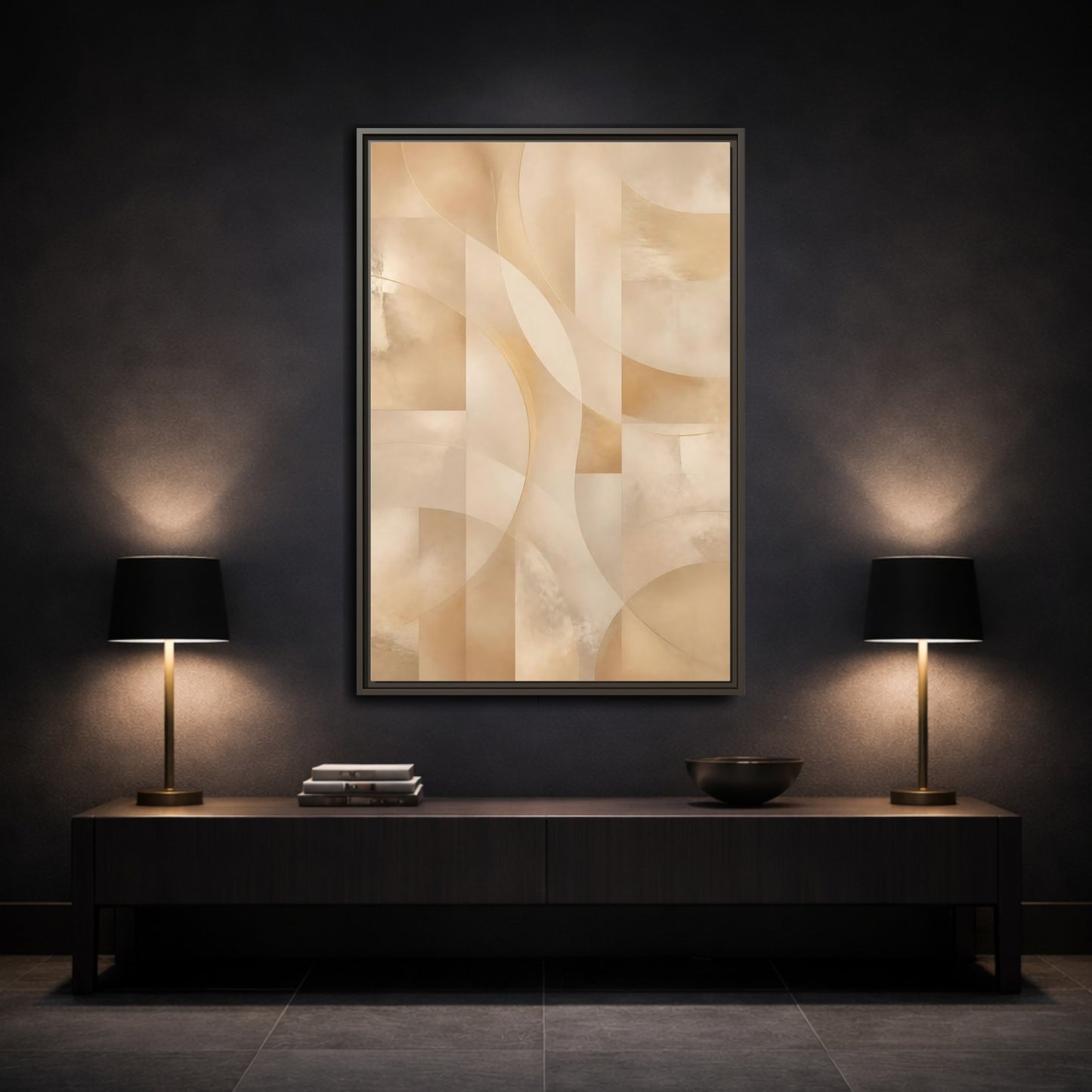 Gold beige abstract framed canvas print for modern living room decor