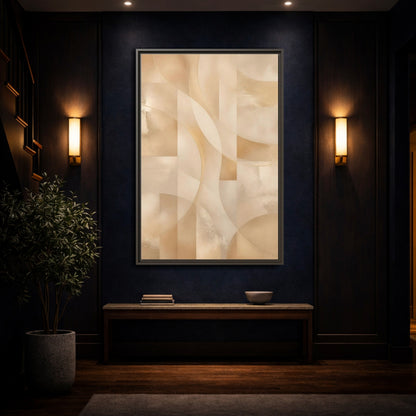 Mockup 4. Abstract Abstract Shapes Gold And Beige shown as stretched canvas wall art