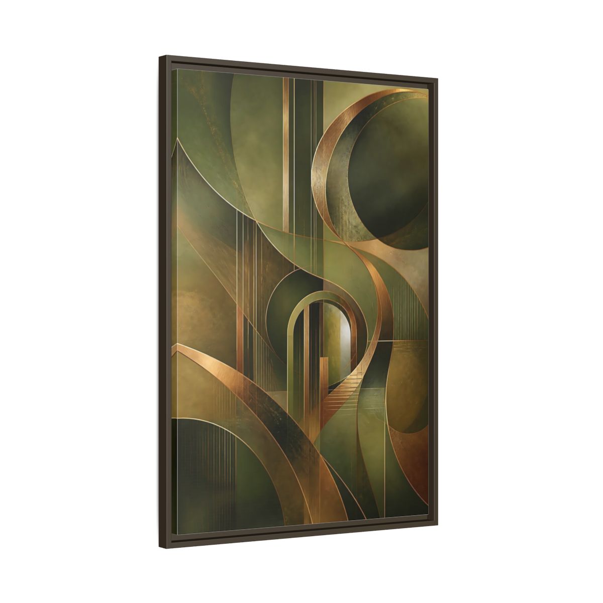 Main Mockup. Abstract Abstract Shapes Green And Gold Abstract shown as stretched canvas wall art