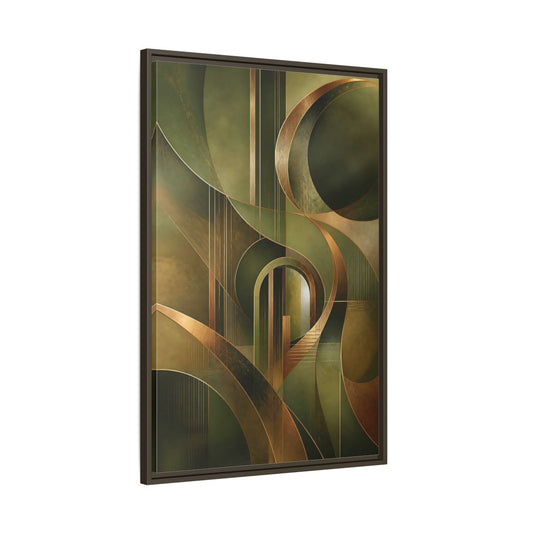 Main Mockup. Abstract Abstract Shapes Green And Gold Abstract shown as stretched canvas wall art
