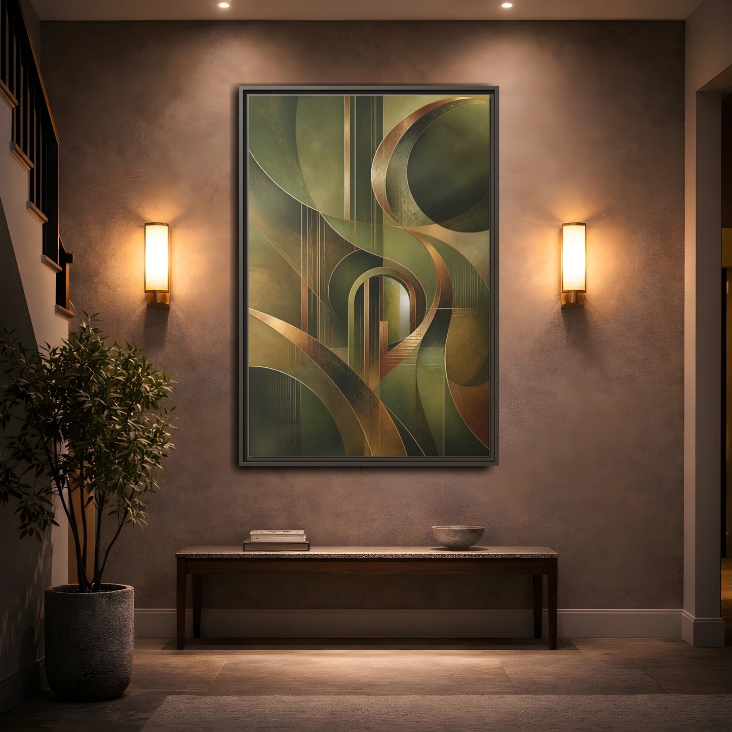 Mockup 2. Abstract Abstract Shapes Green And Gold Abstract shown as stretched canvas wall art
