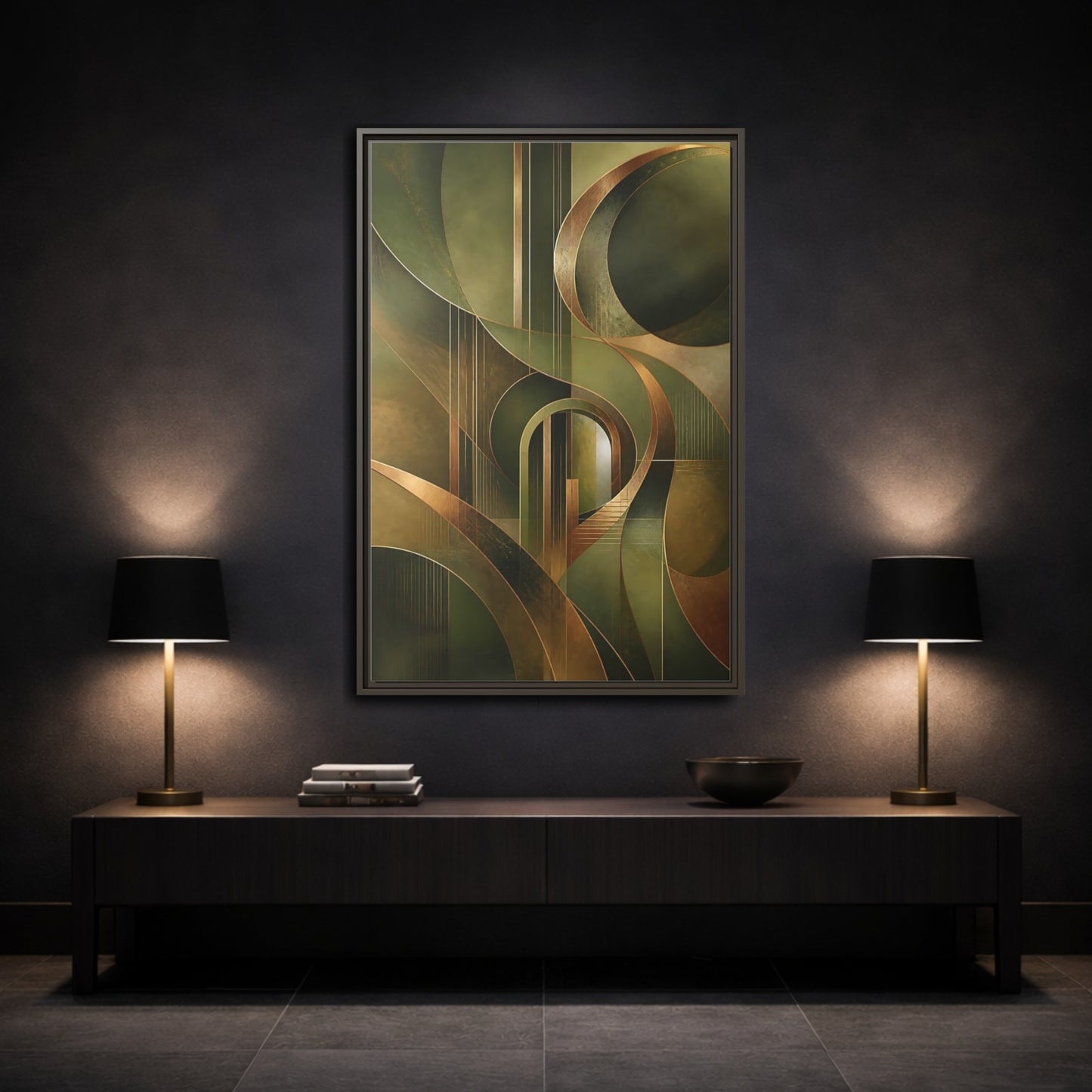 Mockup 3. Abstract Abstract Shapes Green And Gold Abstract shown as stretched canvas wall art