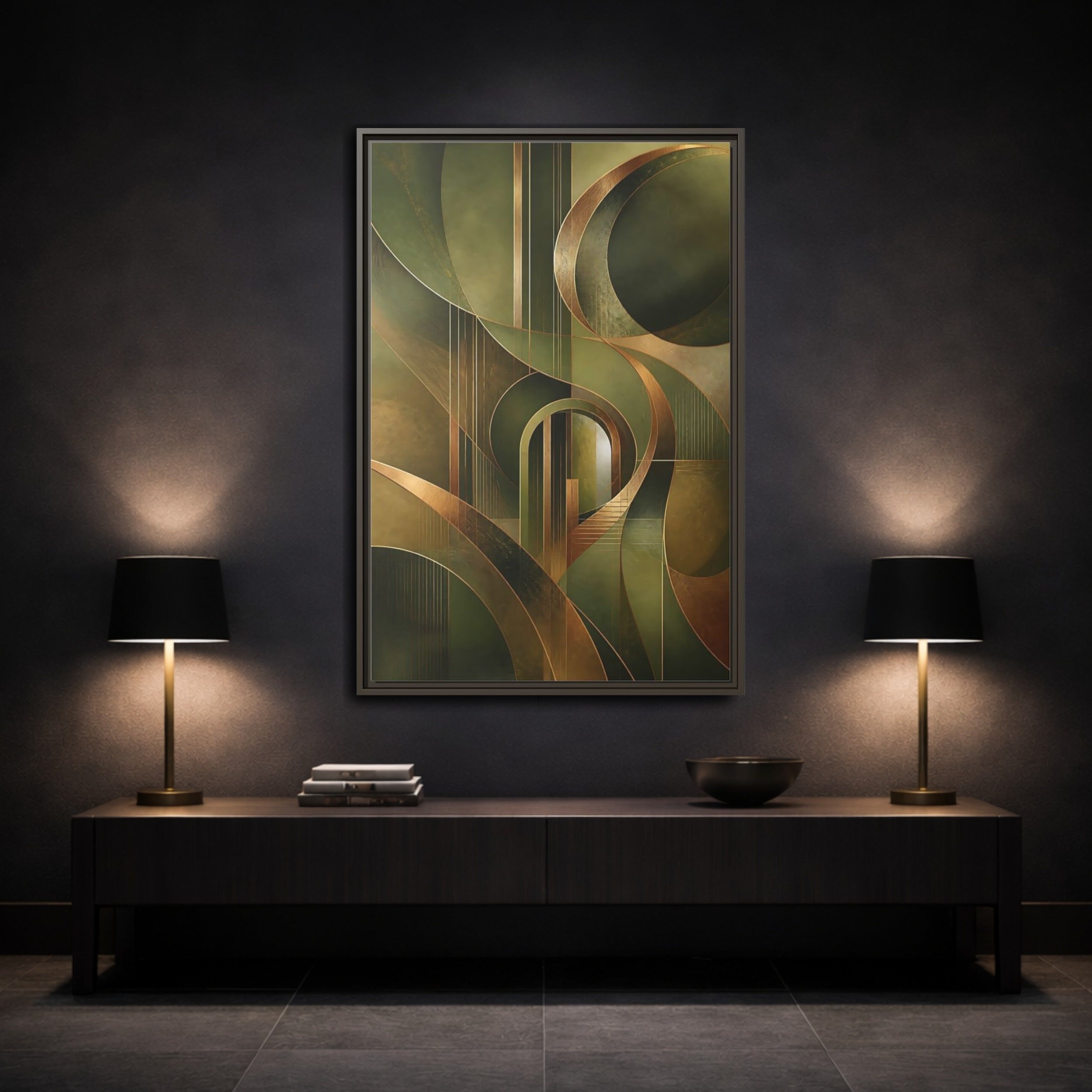 Mockup 3. Abstract Abstract Shapes Green And Gold Abstract shown as stretched canvas wall art