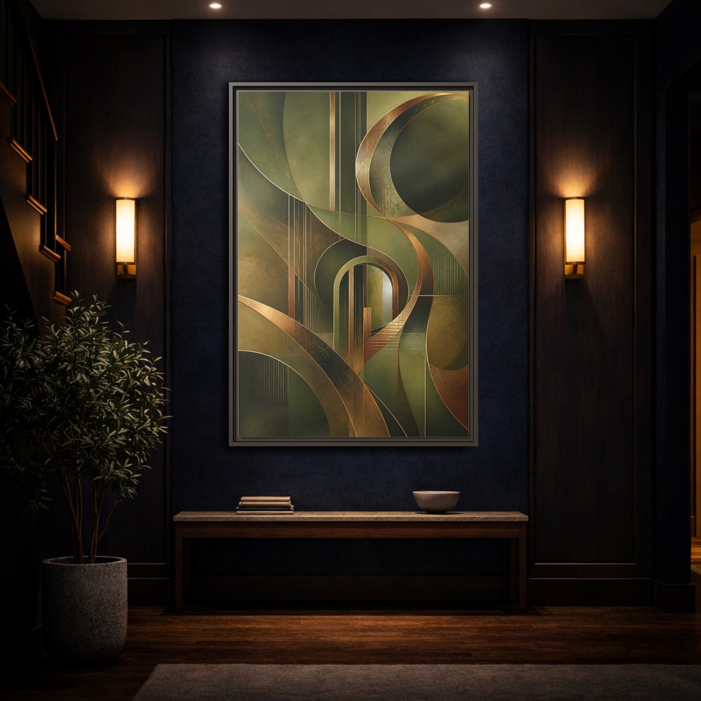 Mockup 4. Abstract Abstract Shapes Green And Gold Abstract shown as stretched canvas wall art