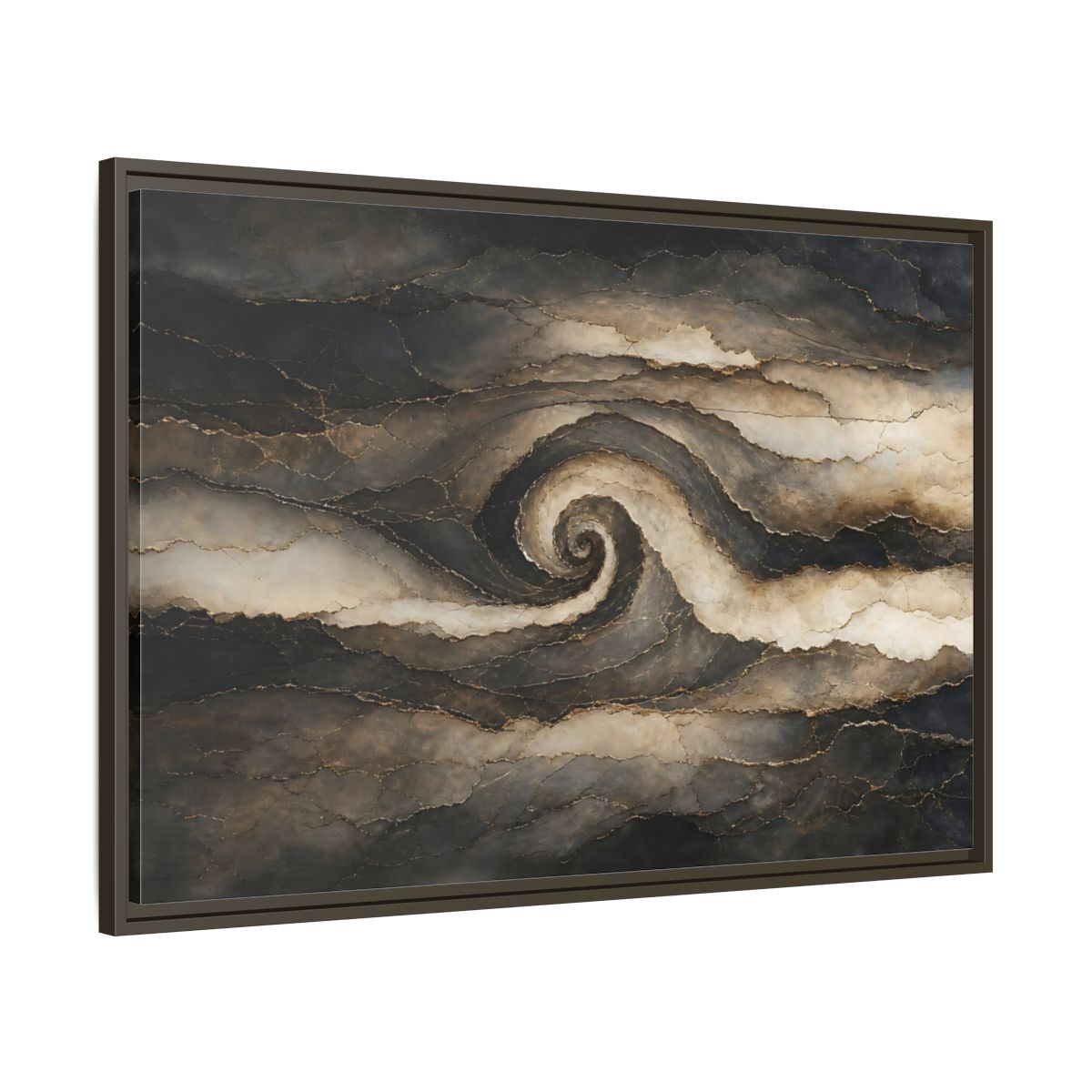 Main Mockup. Abstract Abstract Spiral Dark Brown Gold shown as stretched canvas wall art