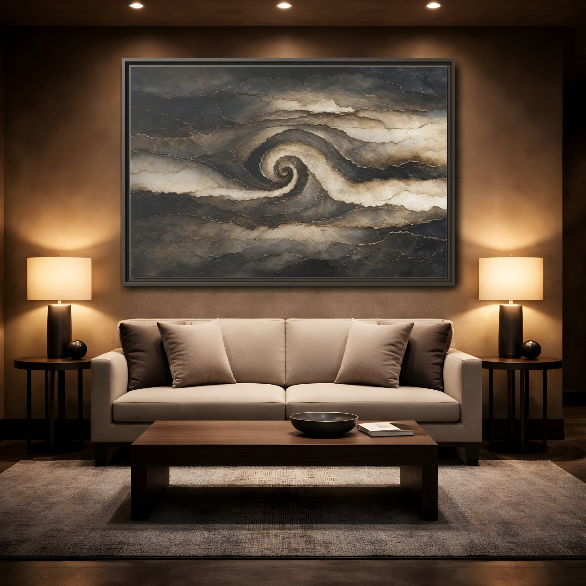Mockup 2. Abstract Abstract Spiral Dark Brown Gold shown as stretched canvas wall art