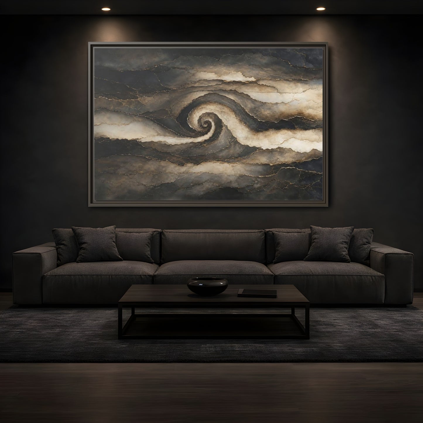Mockup 3. Abstract Abstract Spiral Dark Brown Gold shown as stretched canvas wall art