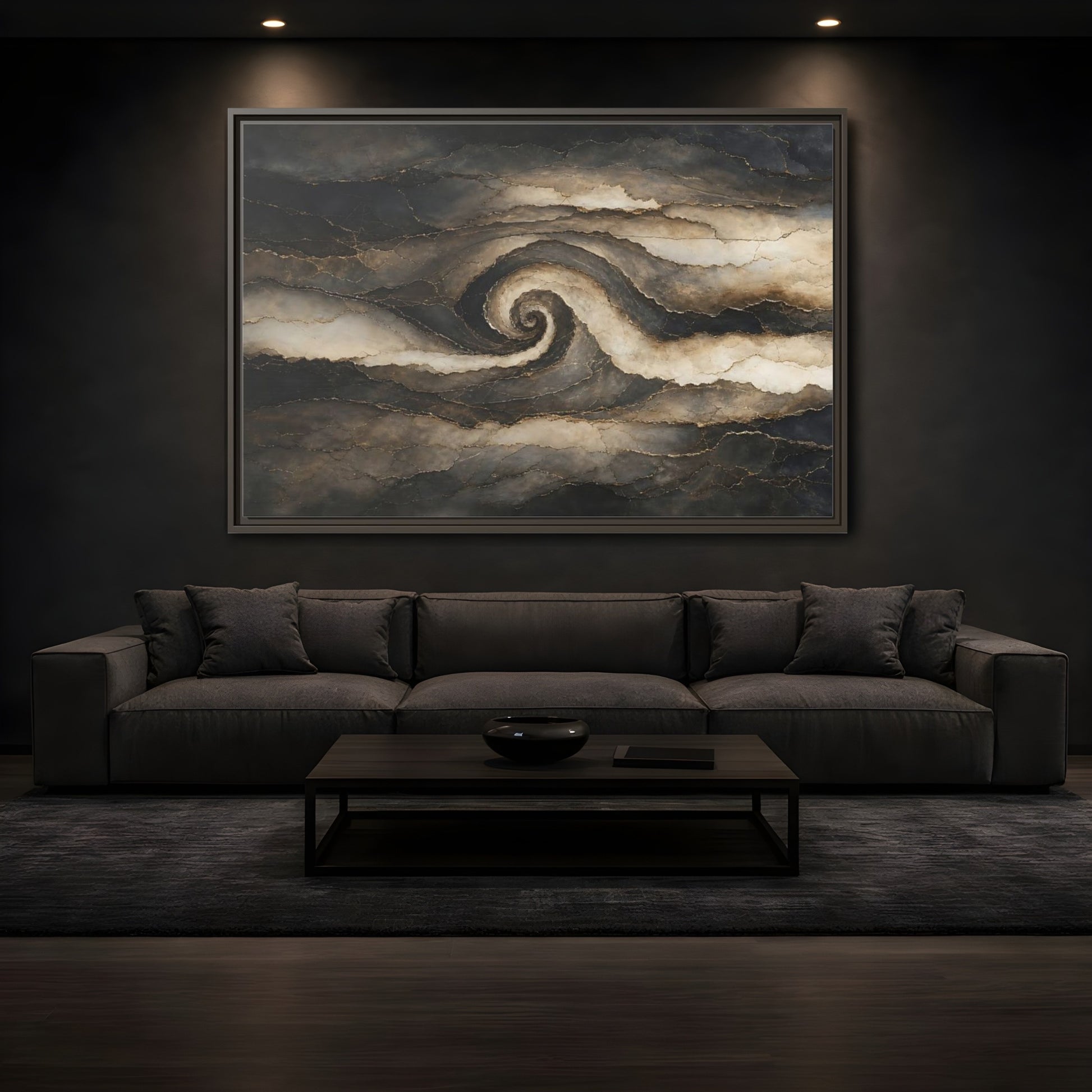 Mockup 3. Abstract Abstract Spiral Dark Brown Gold shown as stretched canvas wall art