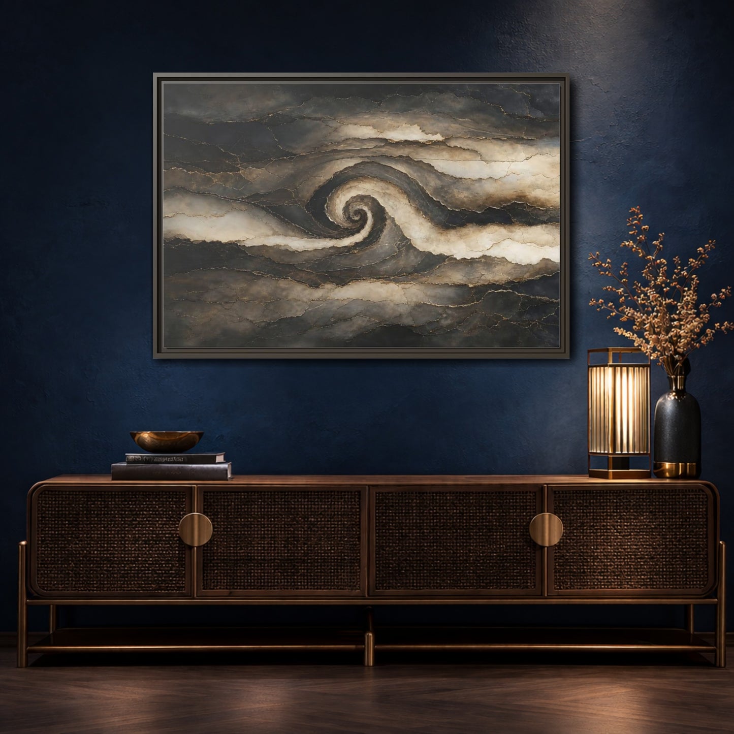 Mockup 4. Abstract Abstract Spiral Dark Brown Gold shown as stretched canvas wall art