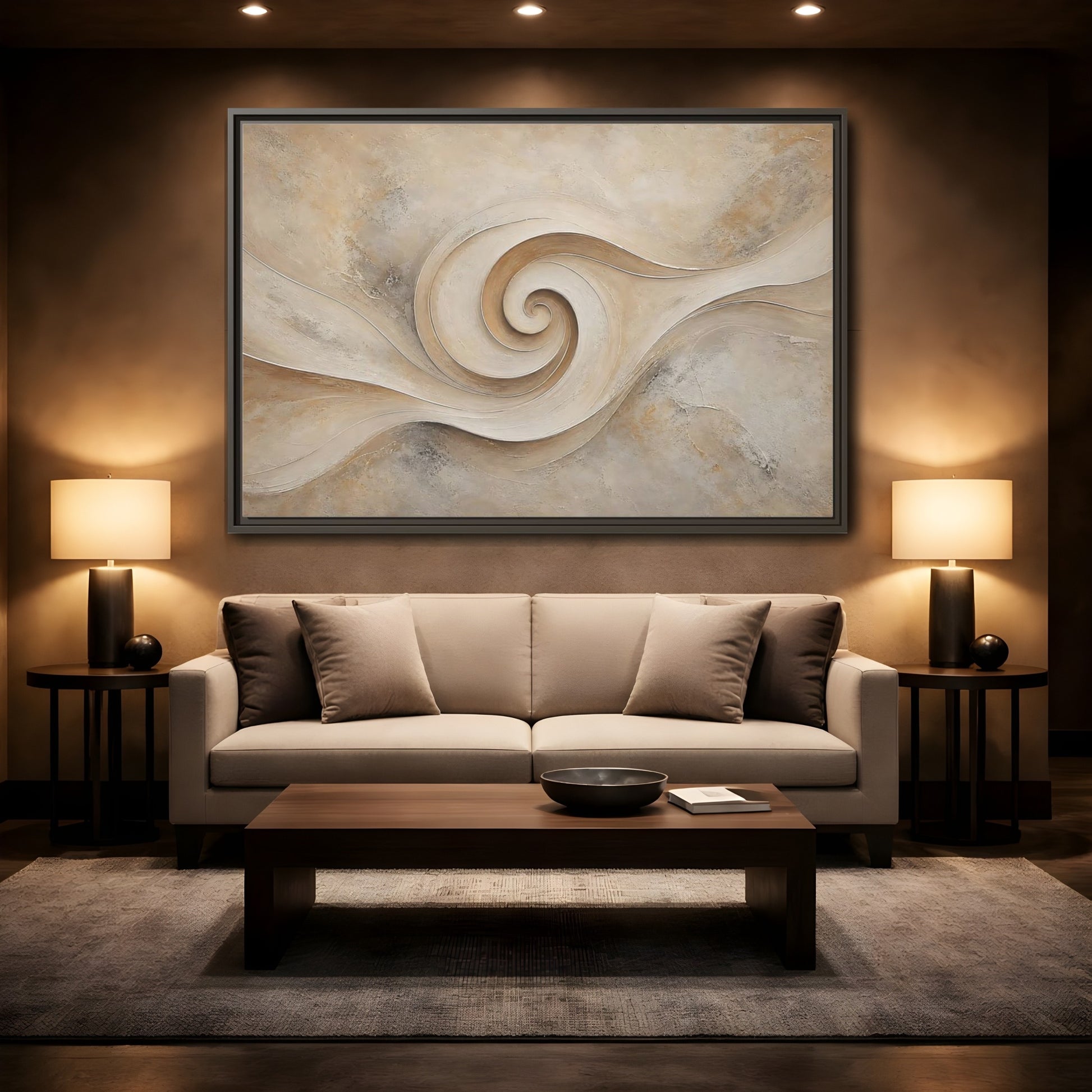 Mockup 2. Abstract Abstract Swirl Beige Swirl shown as stretched canvas wall art