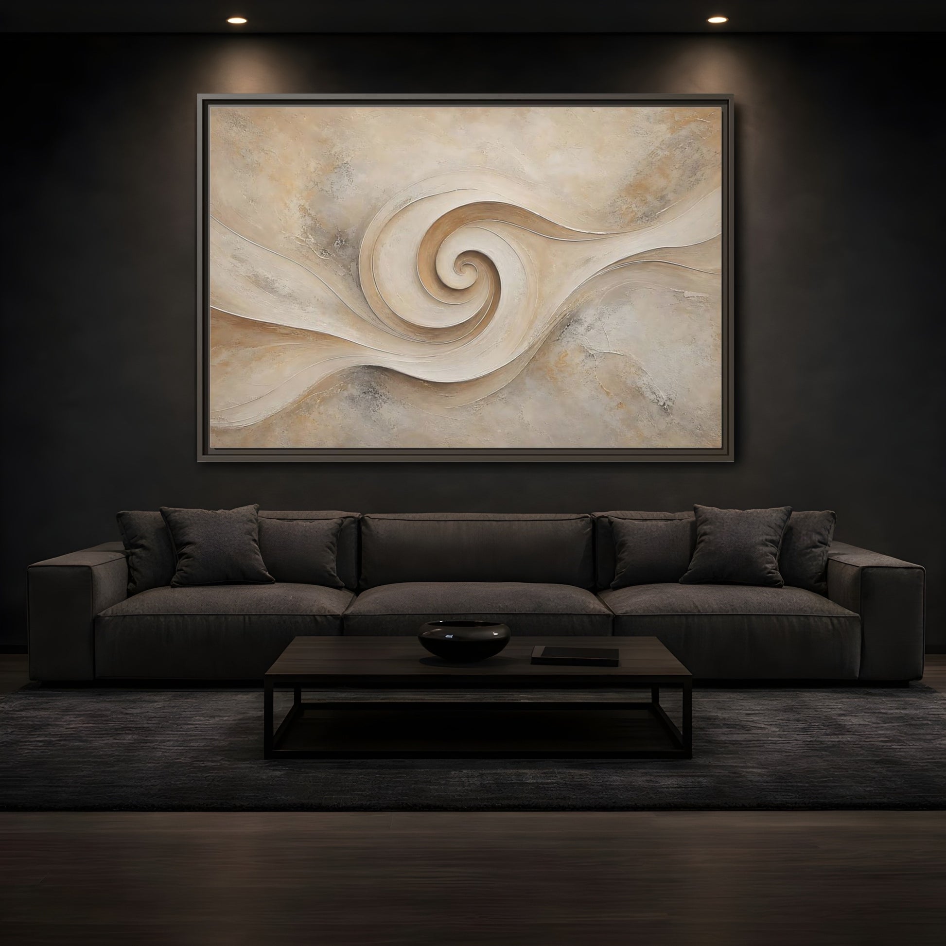 Mockup 3. Abstract Abstract Swirl Beige Swirl shown as stretched canvas wall art