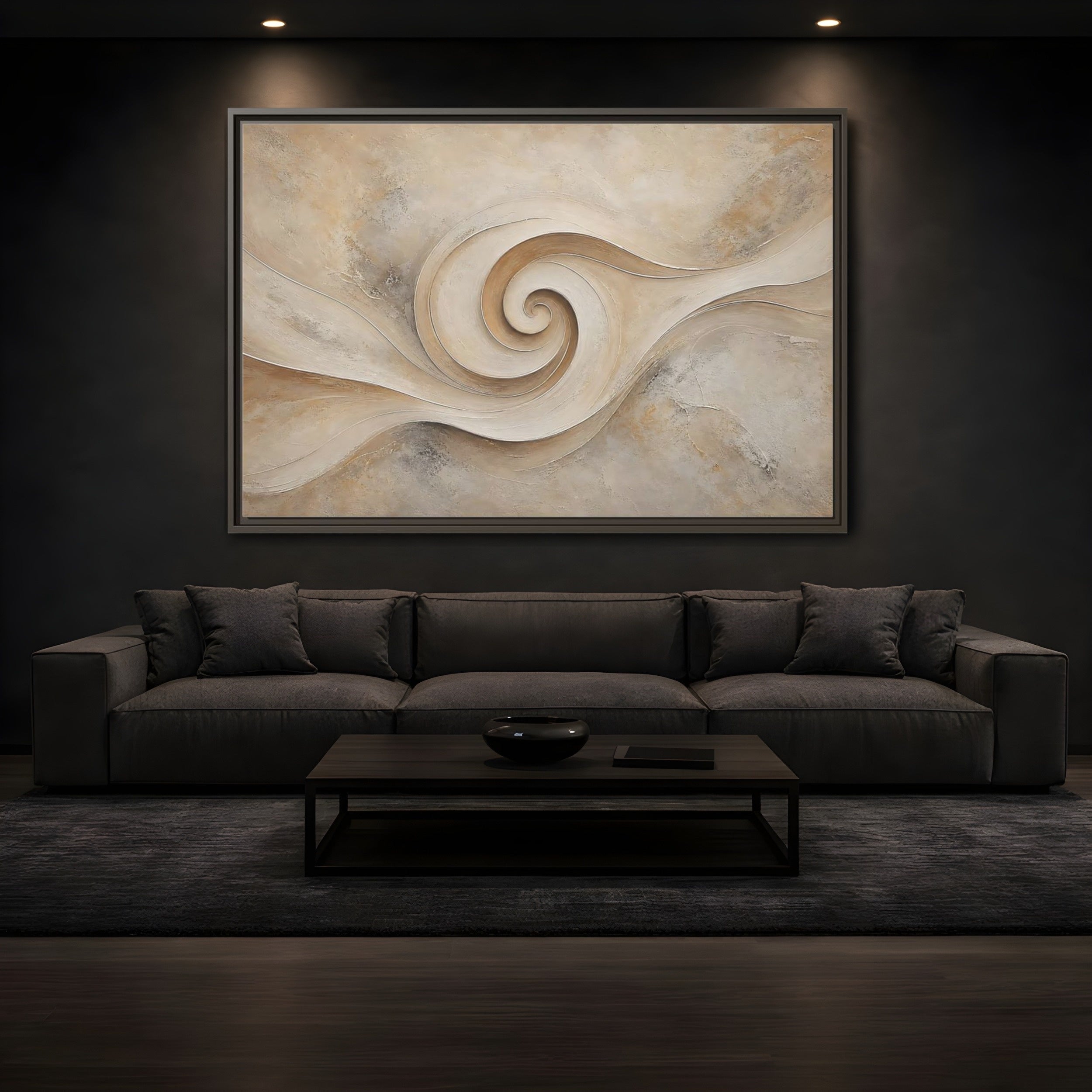 Mockup 3. Abstract Abstract Swirl Beige Swirl shown as stretched canvas wall art