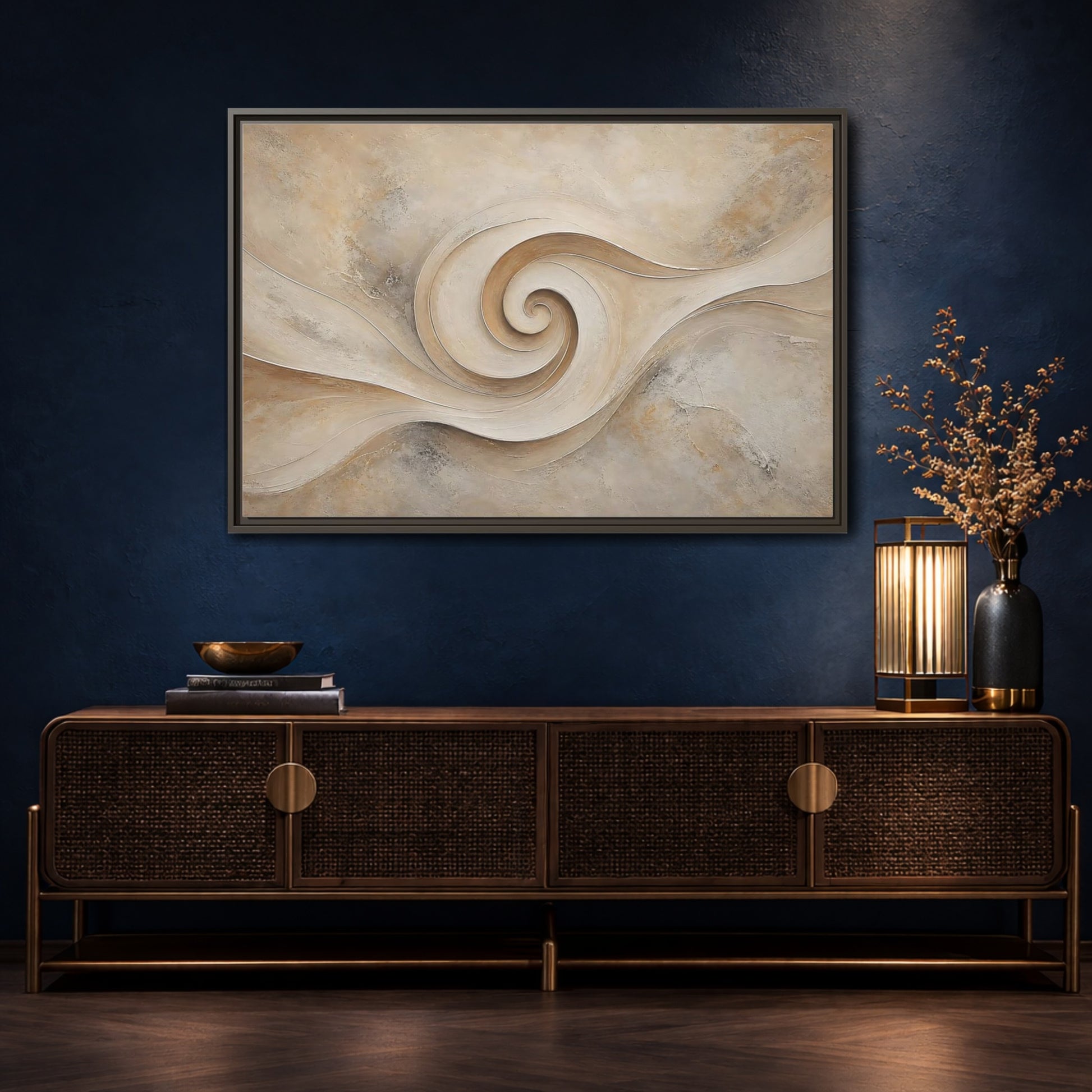 Mockup 4. Abstract Abstract Swirl Beige Swirl shown as stretched canvas wall art