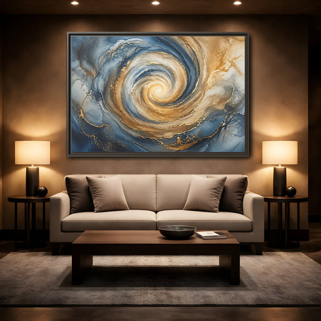 Mockup 2. Abstract Abstract Swirl Blue Gold Swirl shown as stretched canvas wall art
