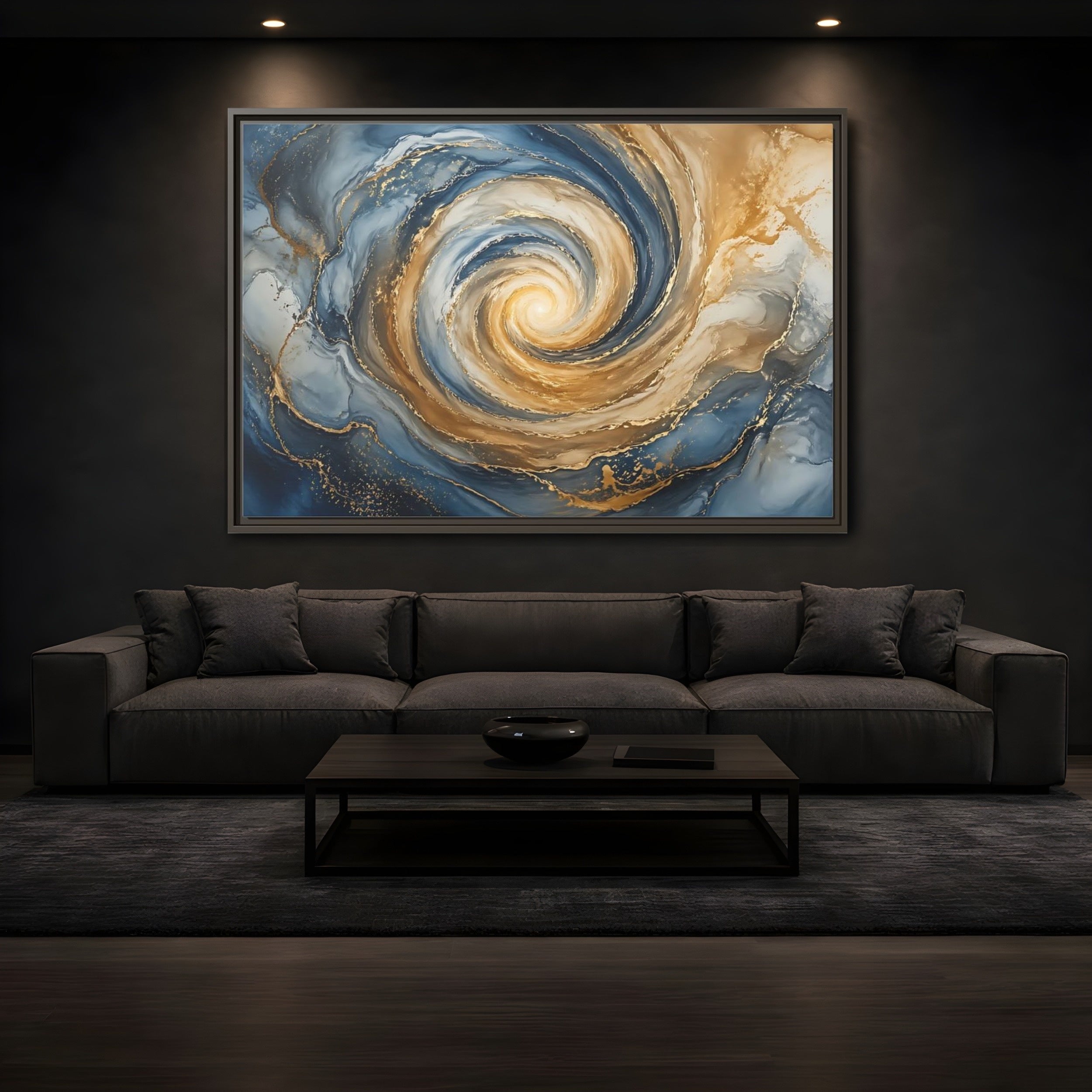 Mockup 3. Abstract Abstract Swirl Blue Gold Swirl shown as stretched canvas wall art