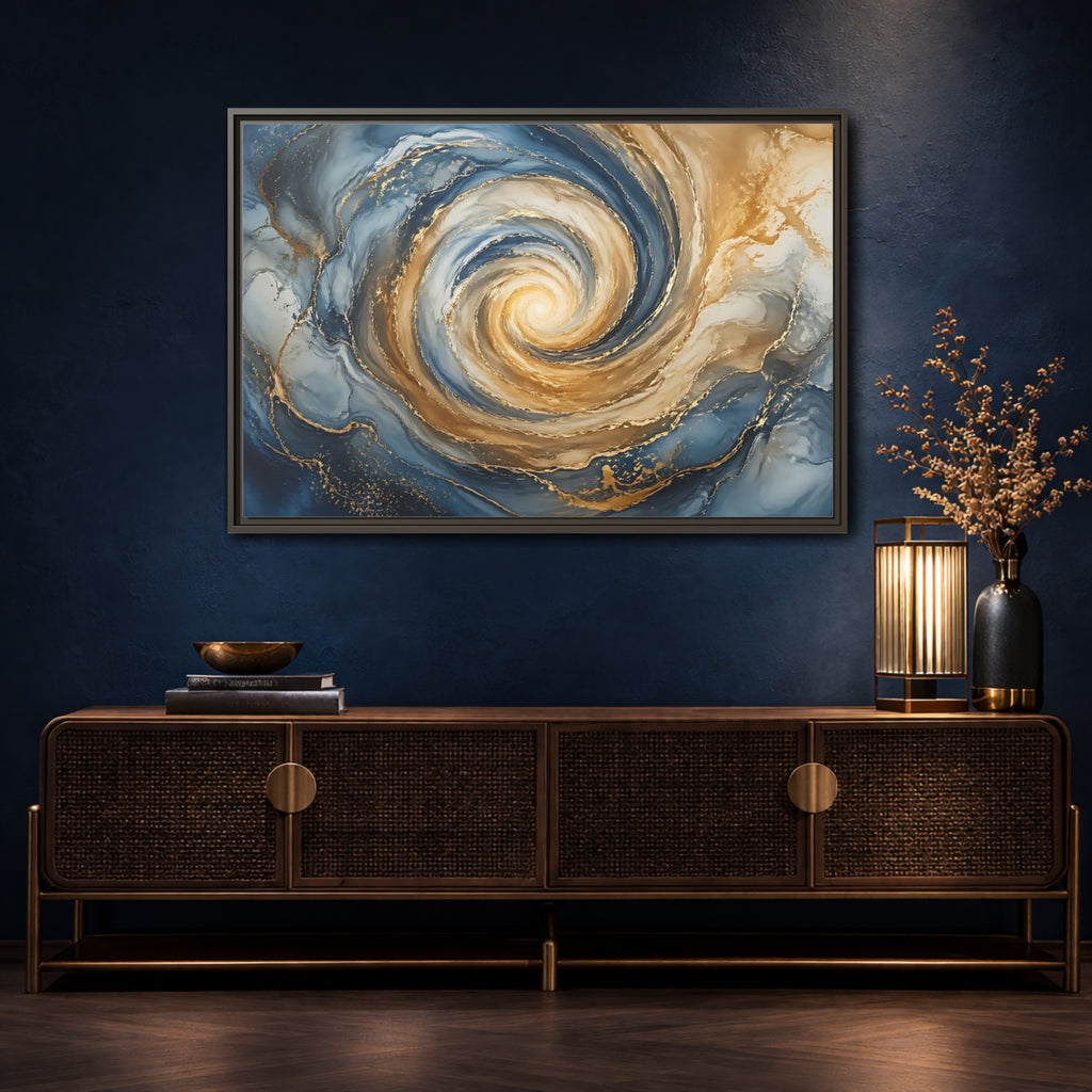 Mockup 4. Abstract Abstract Swirl Blue Gold Swirl shown as stretched canvas wall art