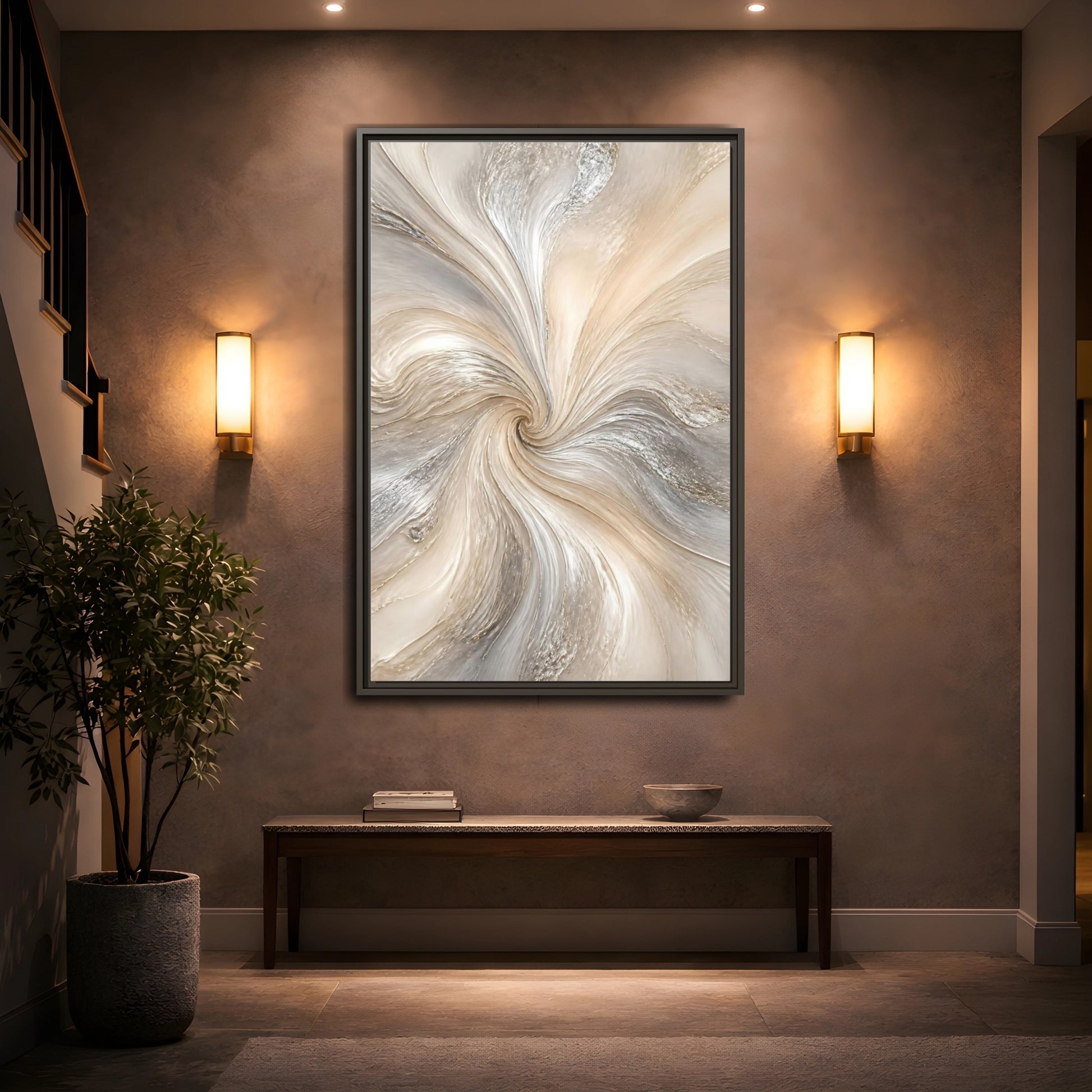 Mockup 2. Abstract Abstract Swirl Cream Gray Abstract shown as stretched canvas wall art