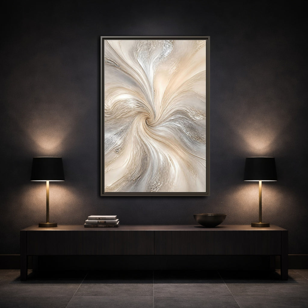 Mockup 3. Abstract Abstract Swirl Cream Gray Abstract shown as stretched canvas wall art
