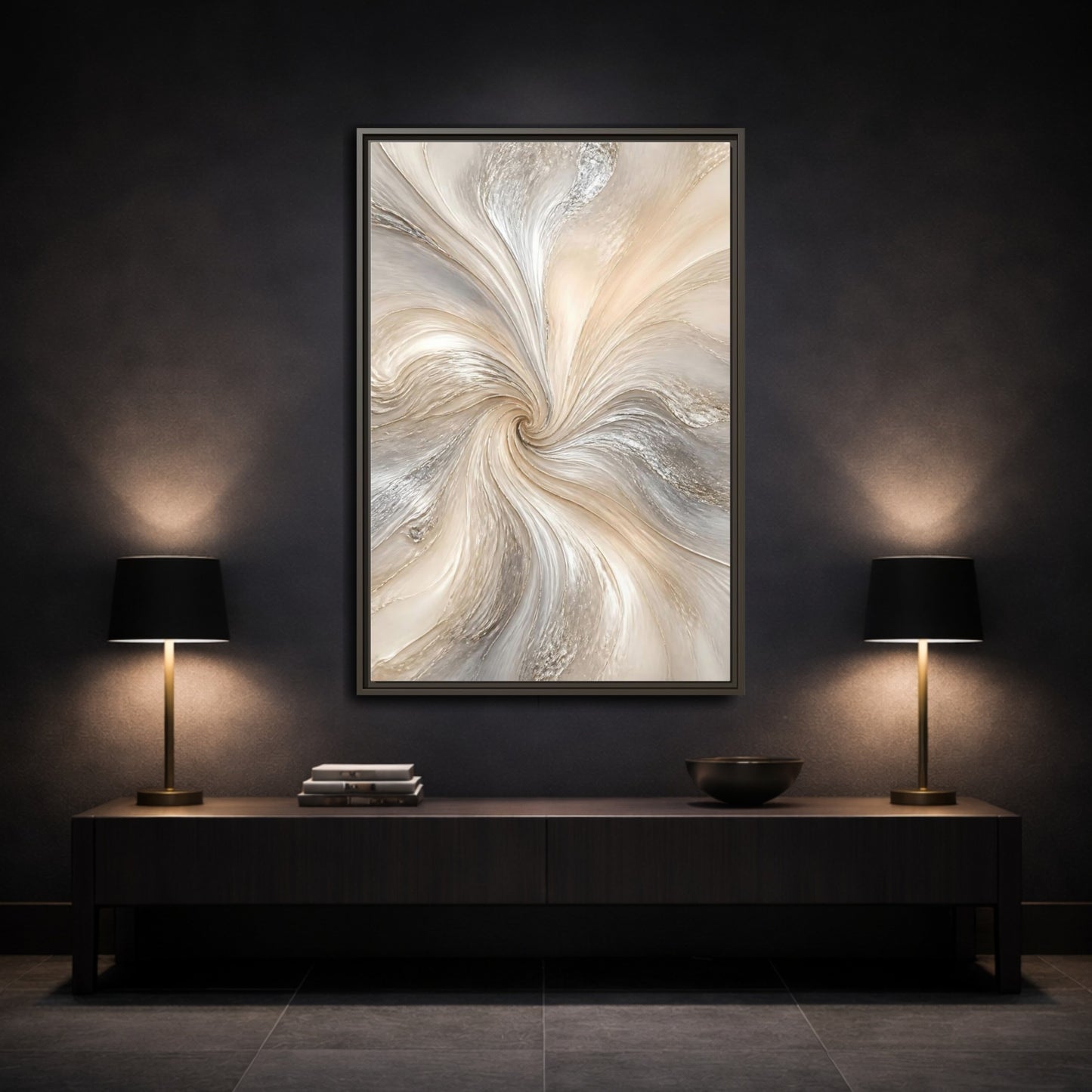 Mockup 3. Abstract Abstract Swirl Cream Gray Abstract shown as stretched canvas wall art