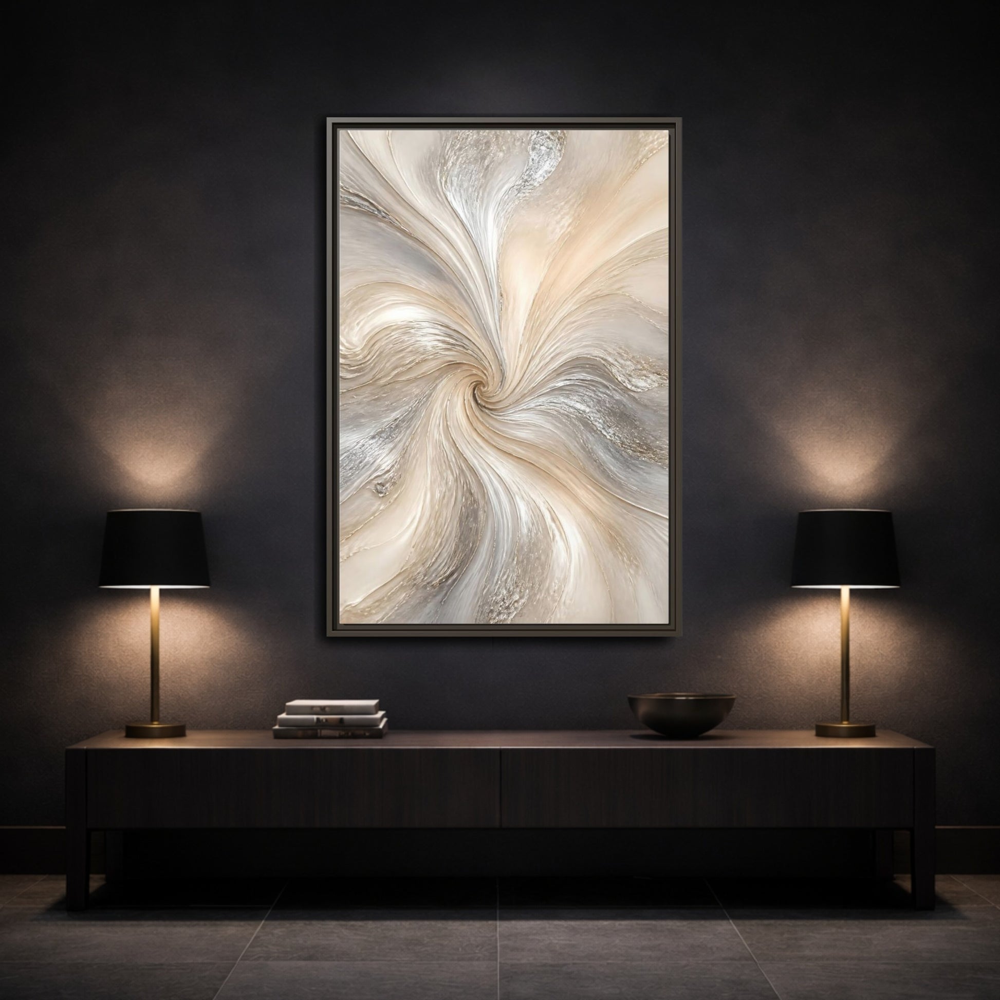 Mockup 3. Abstract Abstract Swirl Cream Gray Abstract shown as stretched canvas wall art