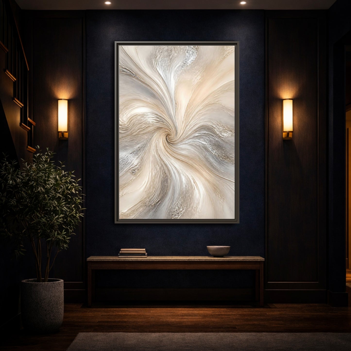 Mockup 4. Abstract Abstract Swirl Cream Gray Abstract shown as stretched canvas wall art