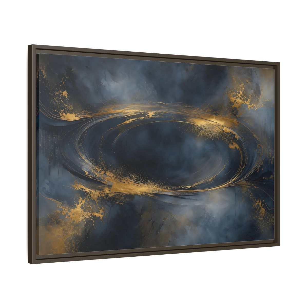 Main Mockup. Abstract Abstract Swirl Dark Blue Gold shown as stretched canvas wall art
