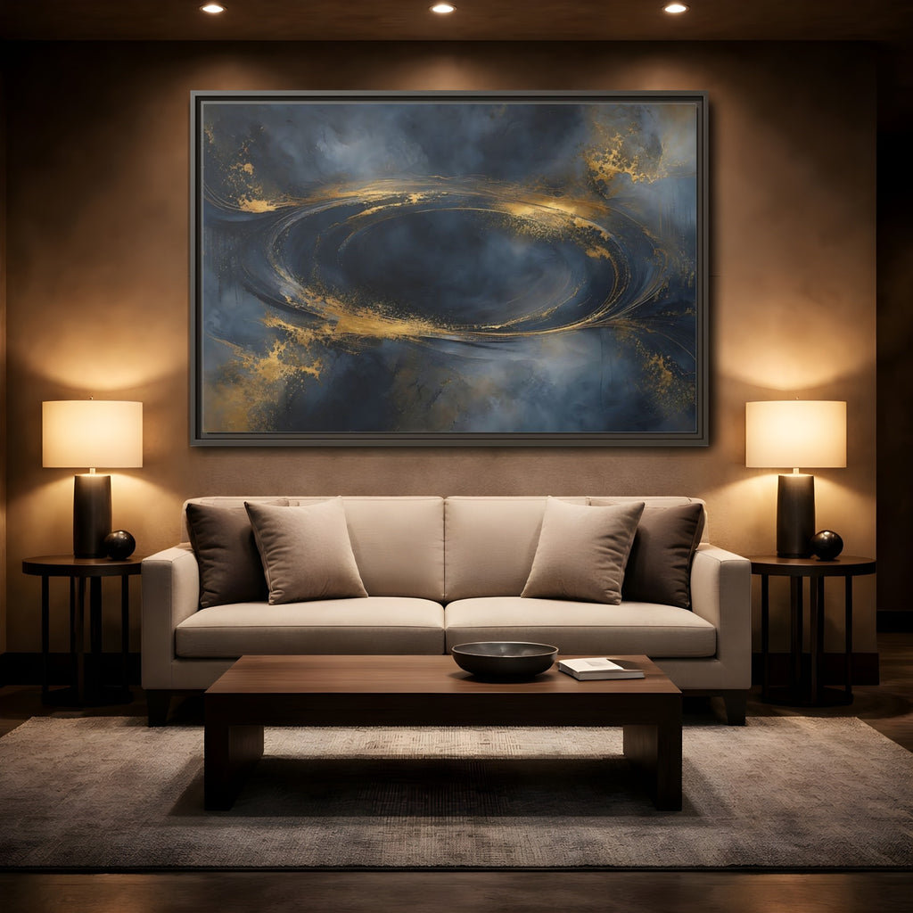 Mockup 2. Abstract Abstract Swirl Dark Blue Gold shown as stretched canvas wall art
