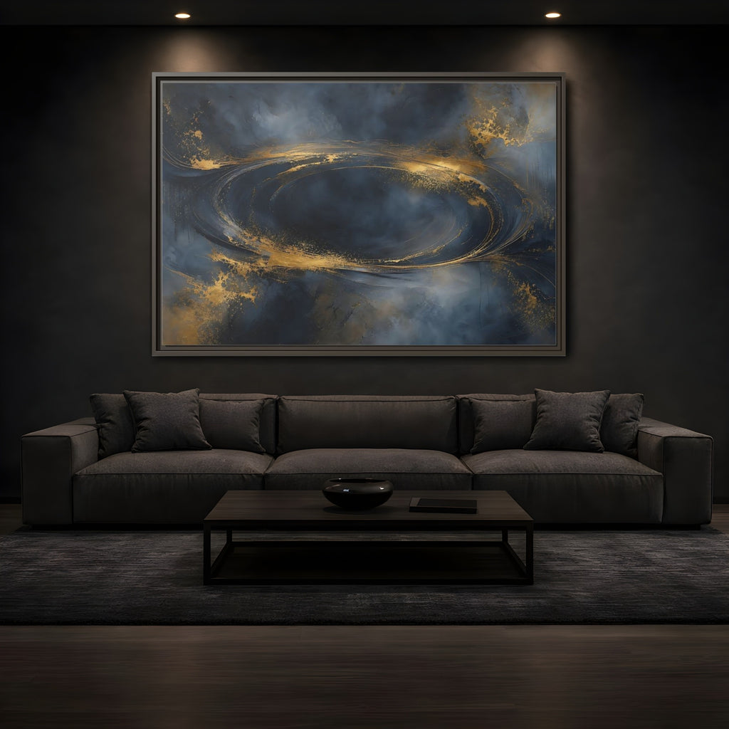 Mockup 3. Abstract Abstract Swirl Dark Blue Gold shown as stretched canvas wall art