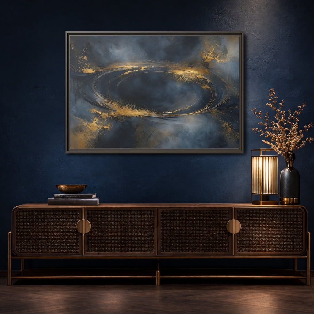 Mockup 4. Abstract Abstract Swirl Dark Blue Gold shown as stretched canvas wall art