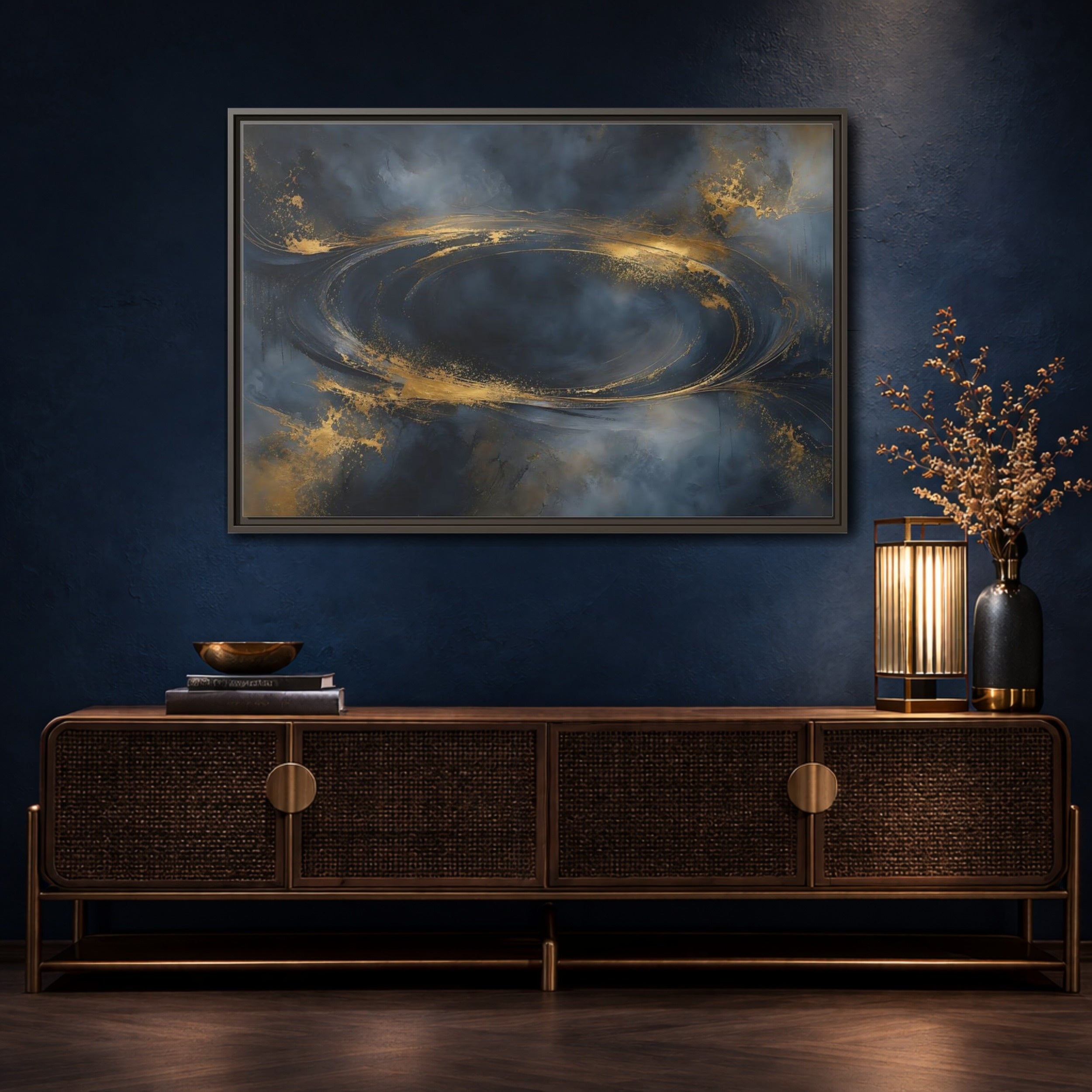Mockup 4. Abstract Abstract Swirl Dark Blue Gold shown as stretched canvas wall art