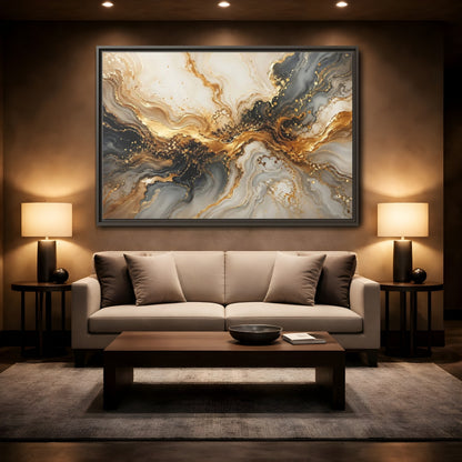 Mockup 2. Abstract Abstract Swirl Gold And Black shown as stretched canvas wall art