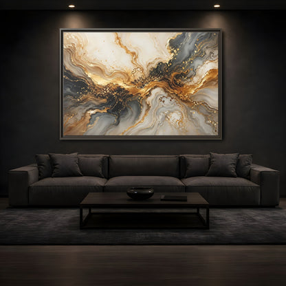 Mockup 3. Abstract Abstract Swirl Gold And Black shown as stretched canvas wall art