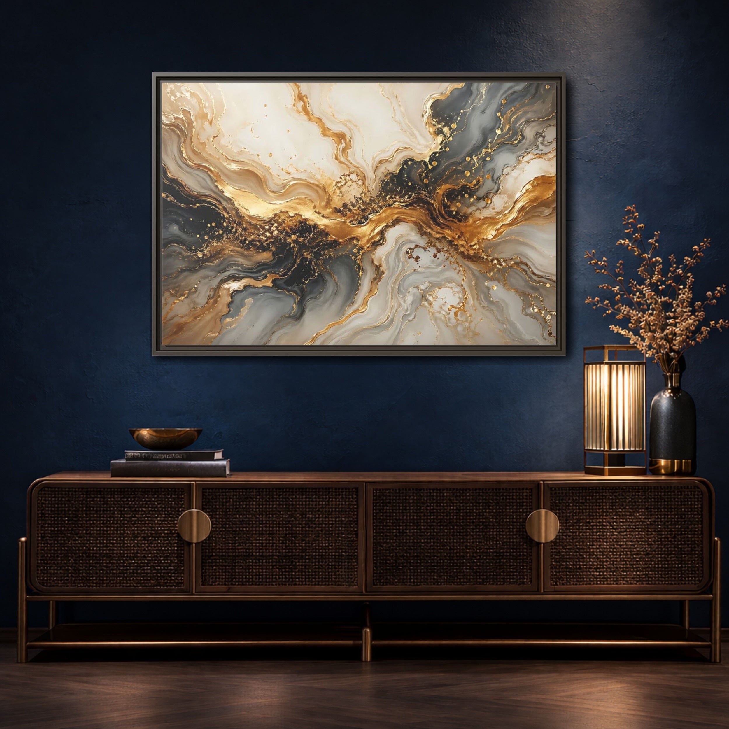 Mockup 4. Abstract Abstract Swirl Gold And Black shown as stretched canvas wall art