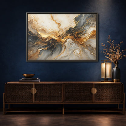 Mockup 4. Abstract Abstract Swirl Gold And Black shown as stretched canvas wall art