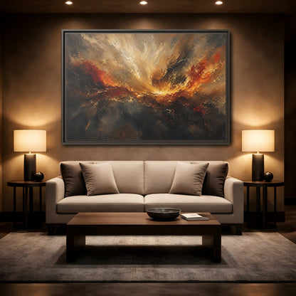 Mockup 2. Abstract Abstract Swirl Gold And Black Swirl shown as stretched canvas wall art
