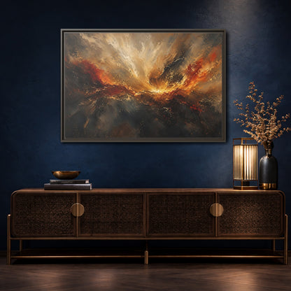 Mockup 4. Abstract Abstract Swirl Gold And Black Swirl shown as stretched canvas wall art