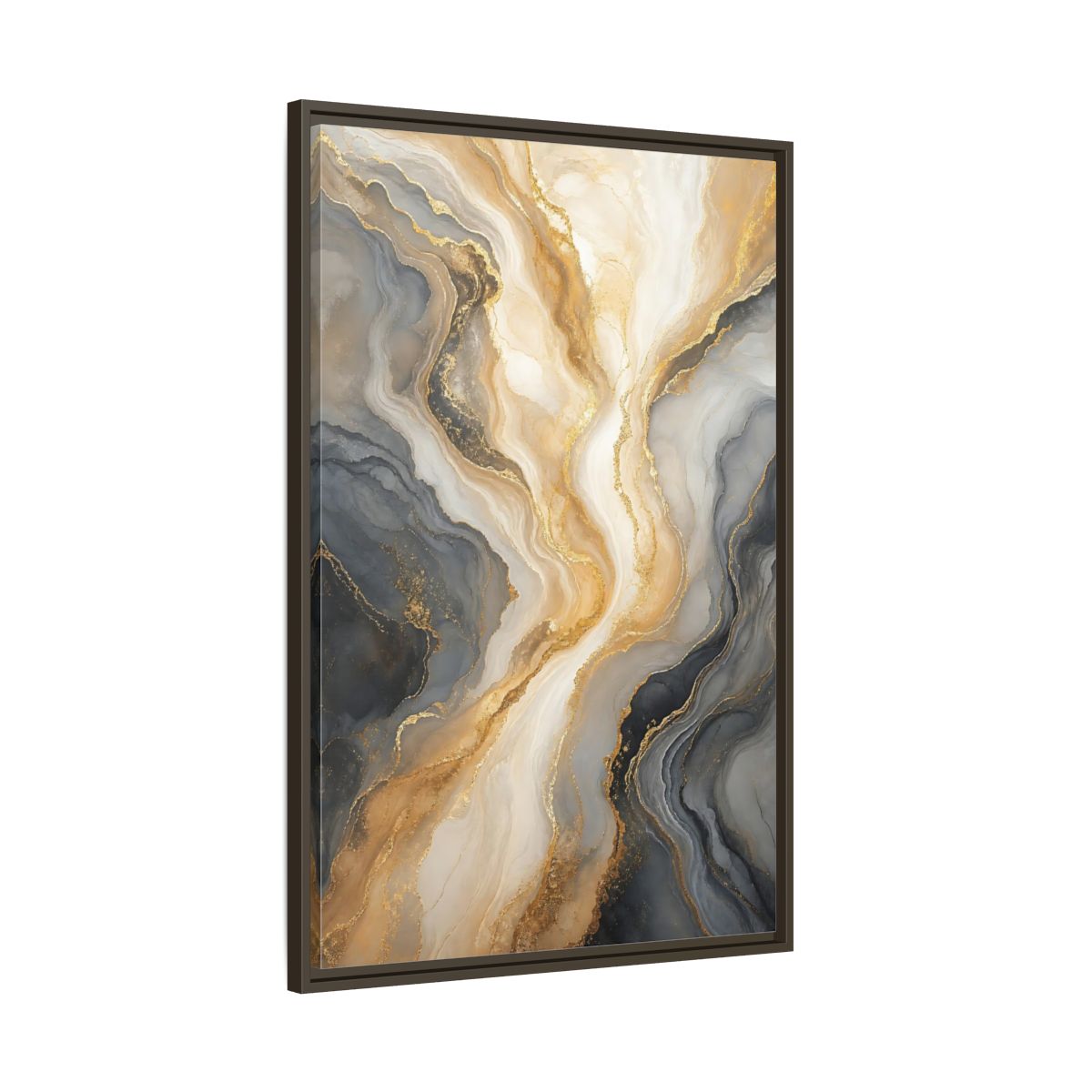 Main Mockup. Abstract Abstract Swirl Gray Gold Marble shown as stretched canvas wall art