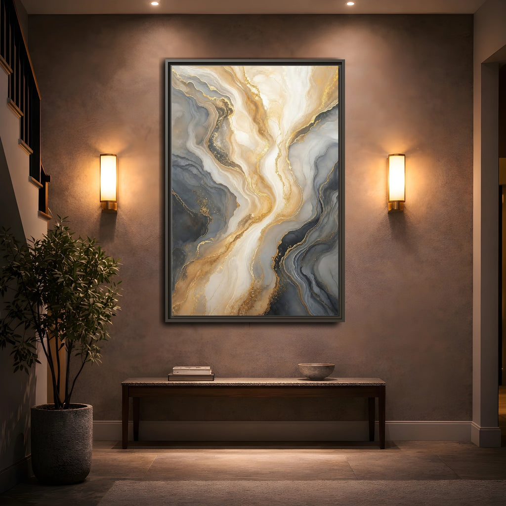 Mockup 2. Abstract Abstract Swirl Gray Gold Marble shown as stretched canvas wall art