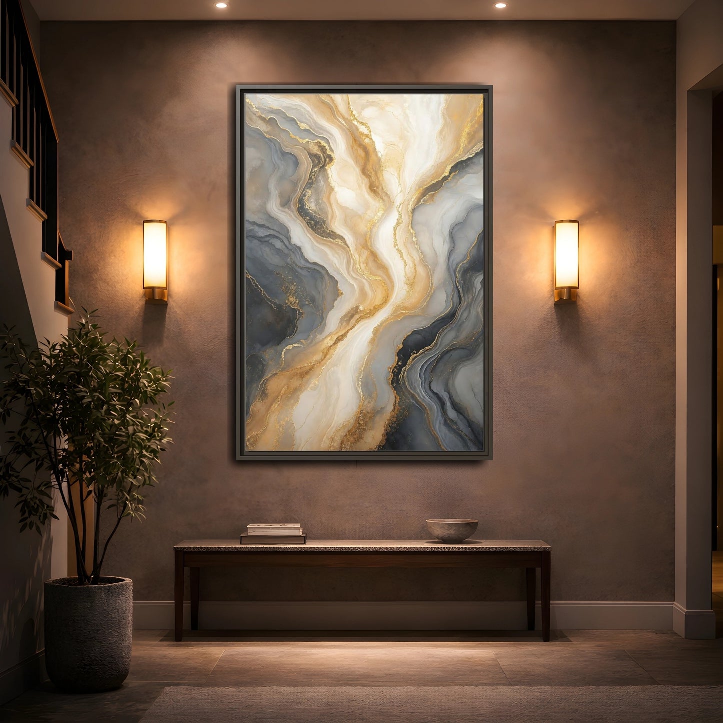 Mockup 2. Abstract Abstract Swirl Gray Gold Marble shown as stretched canvas wall art