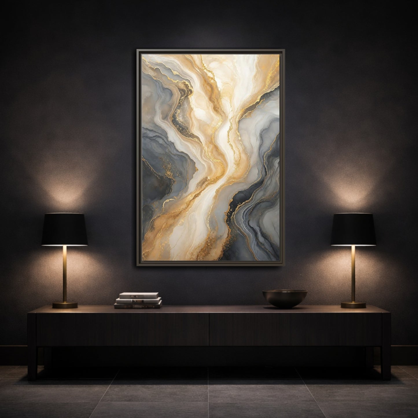 Mockup 3. Abstract Abstract Swirl Gray Gold Marble shown as stretched canvas wall art