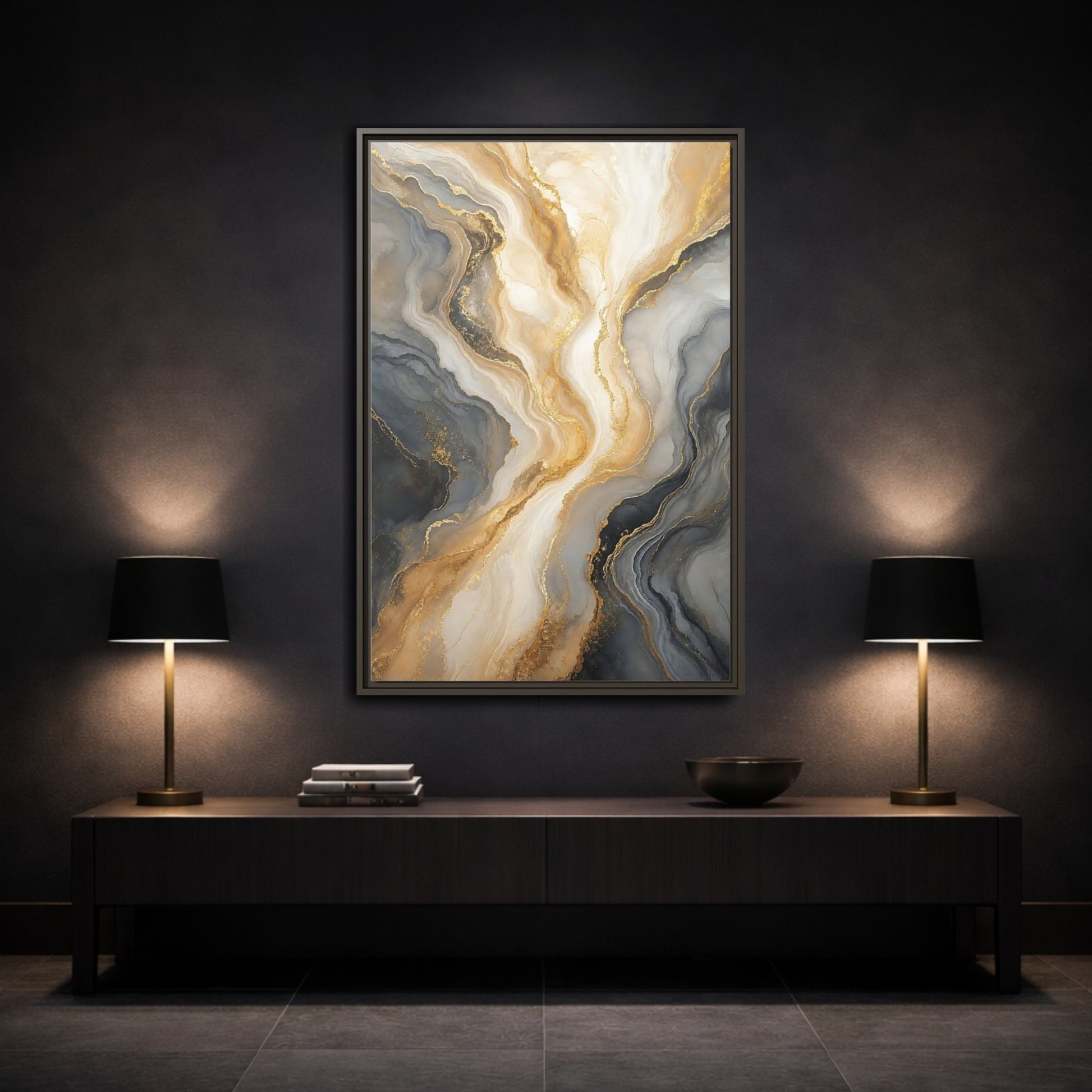 Mockup 3. Abstract Abstract Swirl Gray Gold Marble shown as stretched canvas wall art