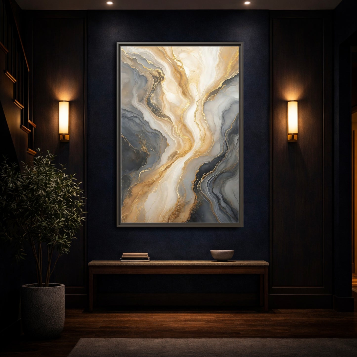 Mockup 4. Abstract Abstract Swirl Gray Gold Marble shown as stretched canvas wall art