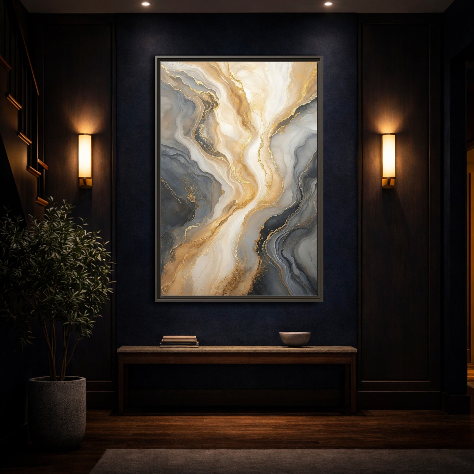 Mockup 4. Abstract Abstract Swirl Gray Gold Marble shown as stretched canvas wall art