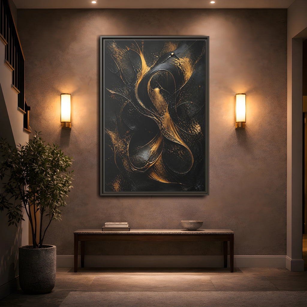 Mockup 2. Abstract Abstract Swirls Black And Gold Abstract shown as stretched canvas wall art