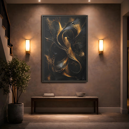 Mockup 2. Abstract Abstract Swirls Black And Gold Abstract shown as stretched canvas wall art
