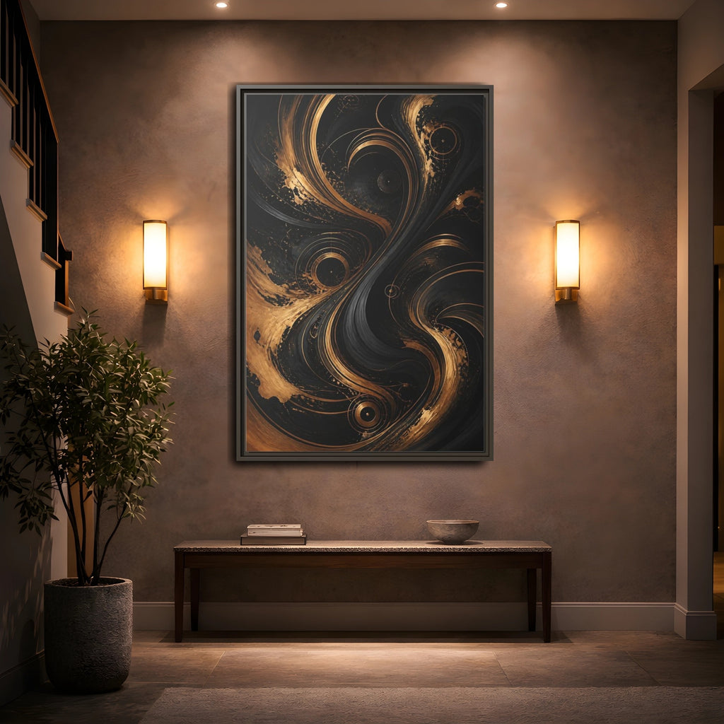 Mockup 2. Abstract Abstract Swirls Black And Gold Abstract shown as stretched canvas wall art